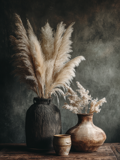 Volledig kunstwerk Schaduw en Licht met stilleven van kruiken en pluimen tegen donkere achtergrond 
