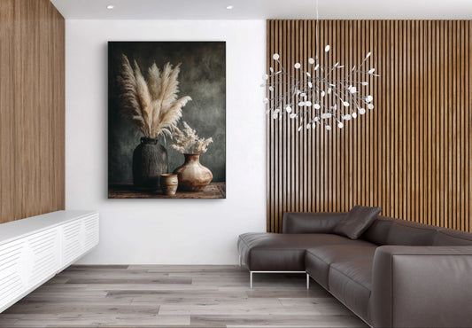 Mock-up van kunstwerk Schaduw en Licht aan de muur in modern interieur met houten wandpanelen en leren bank 

