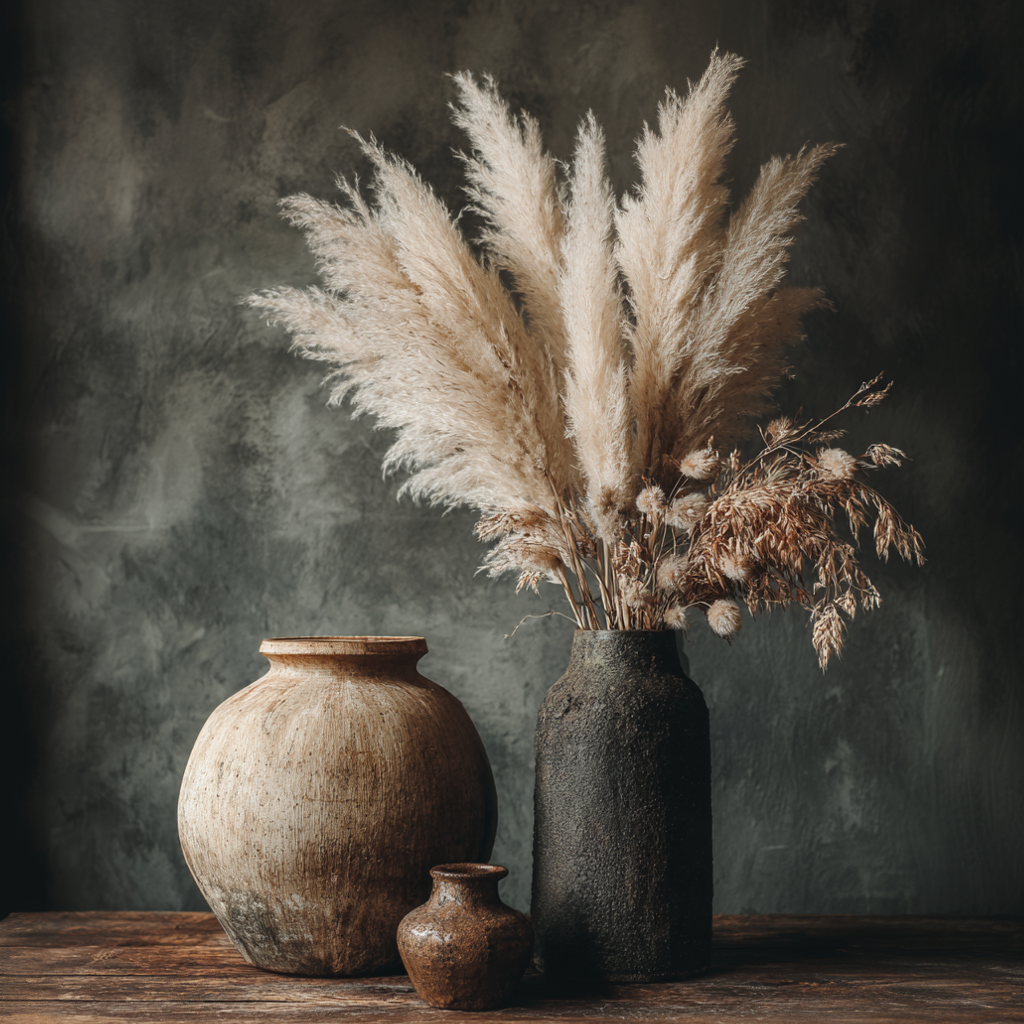 Volledig kunstwerk Schaduw van Aarde met stilleven van kruiken en pluimen in neutrale tinten 
