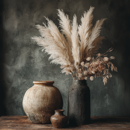 Volledig kunstwerk Schaduw van Aarde met stilleven van kruiken en pluimen in neutrale tinten 
