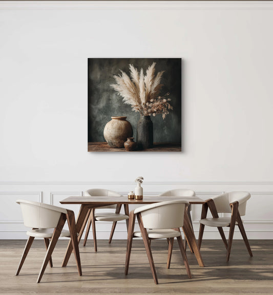 Mock-up van kunstwerk Schaduw van Aarde aan de muur boven eettafel met houten stoelen 
