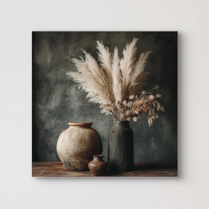 Detailopname van kunstwerk Schaduw van Aarde met aardse kruiken en lichte pluimen 
