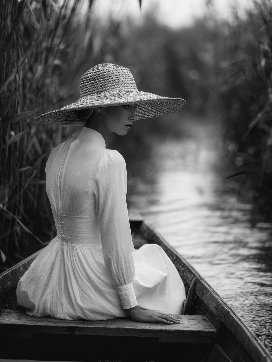 Detail van Schaduw van Verlangen met vrouw in wit op boot in zwart-wit stijl  
