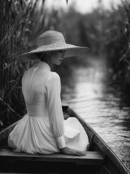 Detail van Schaduw van Verlangen met vrouw in wit op boot in zwart-wit stijl  
