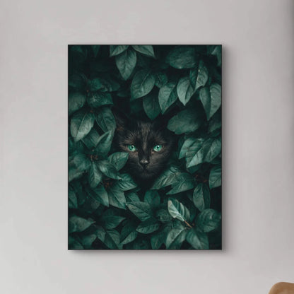 Detailopname van Schaduwblik met zwarte kat en felgroene ogen tussen bladeren  
