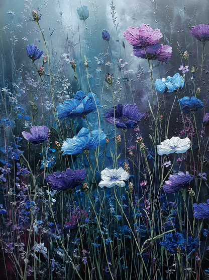 Bloemrijk wandkunstwerk in blauwe en paarse tinten met realistische details en zachte sfeer
