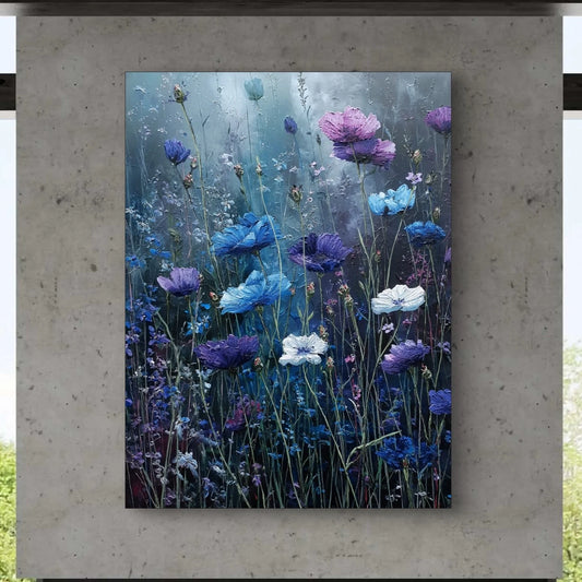 Detail van bloemrijk kunstwerk met blauwe, paarse en witte bloemen in zachte lichtval
