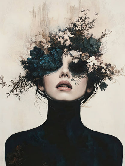 Volledige weergave van Schaduwflora, vrouw met florale schaduwstructuur en intense blik op lichte achtergrond
