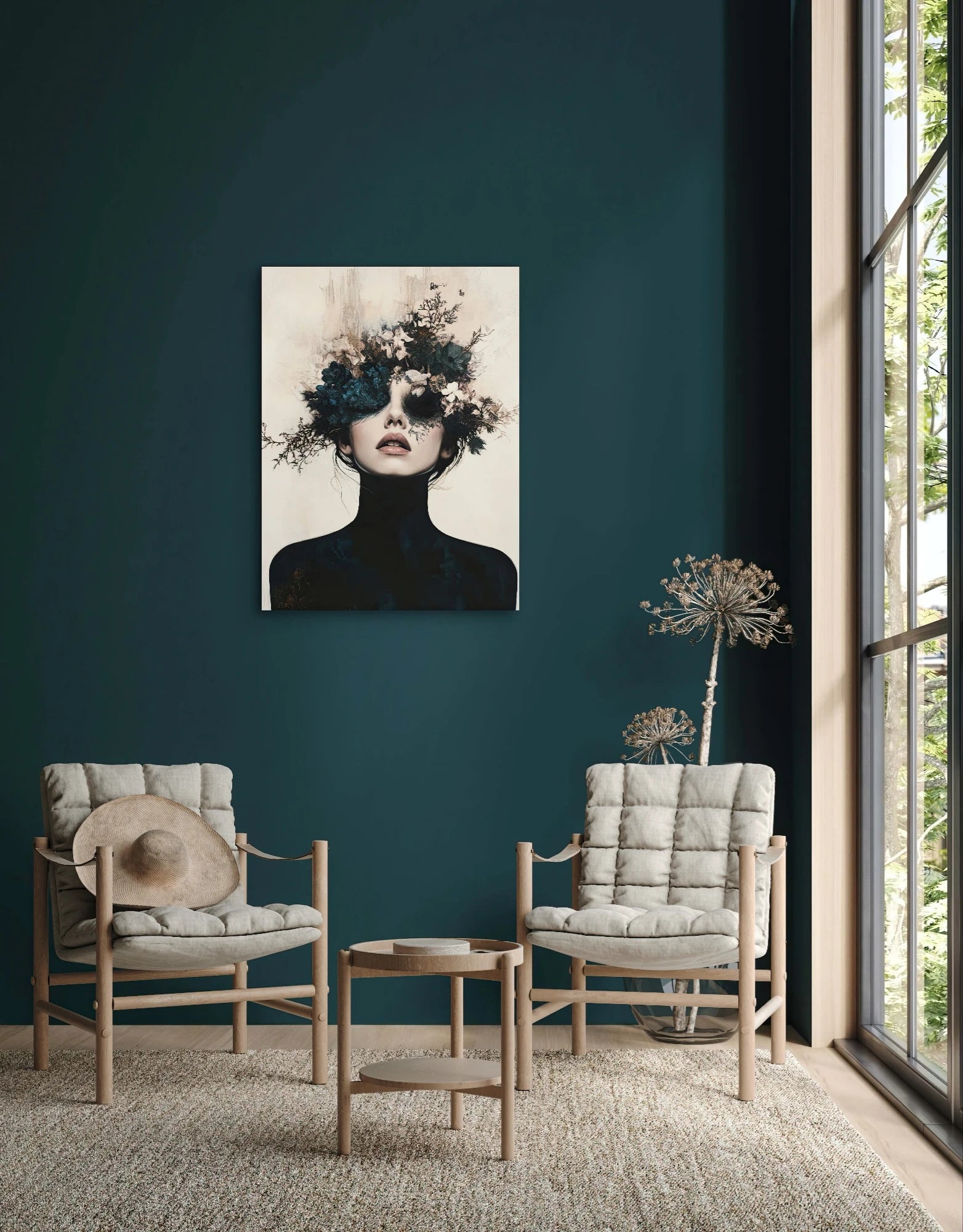 Textielkunstwerk Schaduwflora boven twee lichtgrijze fauteuils tegen een donkerblauwe muur in een modern interieur
