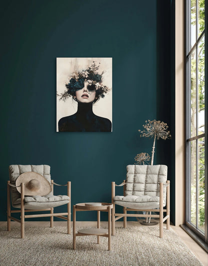 Textielkunstwerk Schaduwflora boven twee lichtgrijze fauteuils tegen een donkerblauwe muur in een modern interieur
