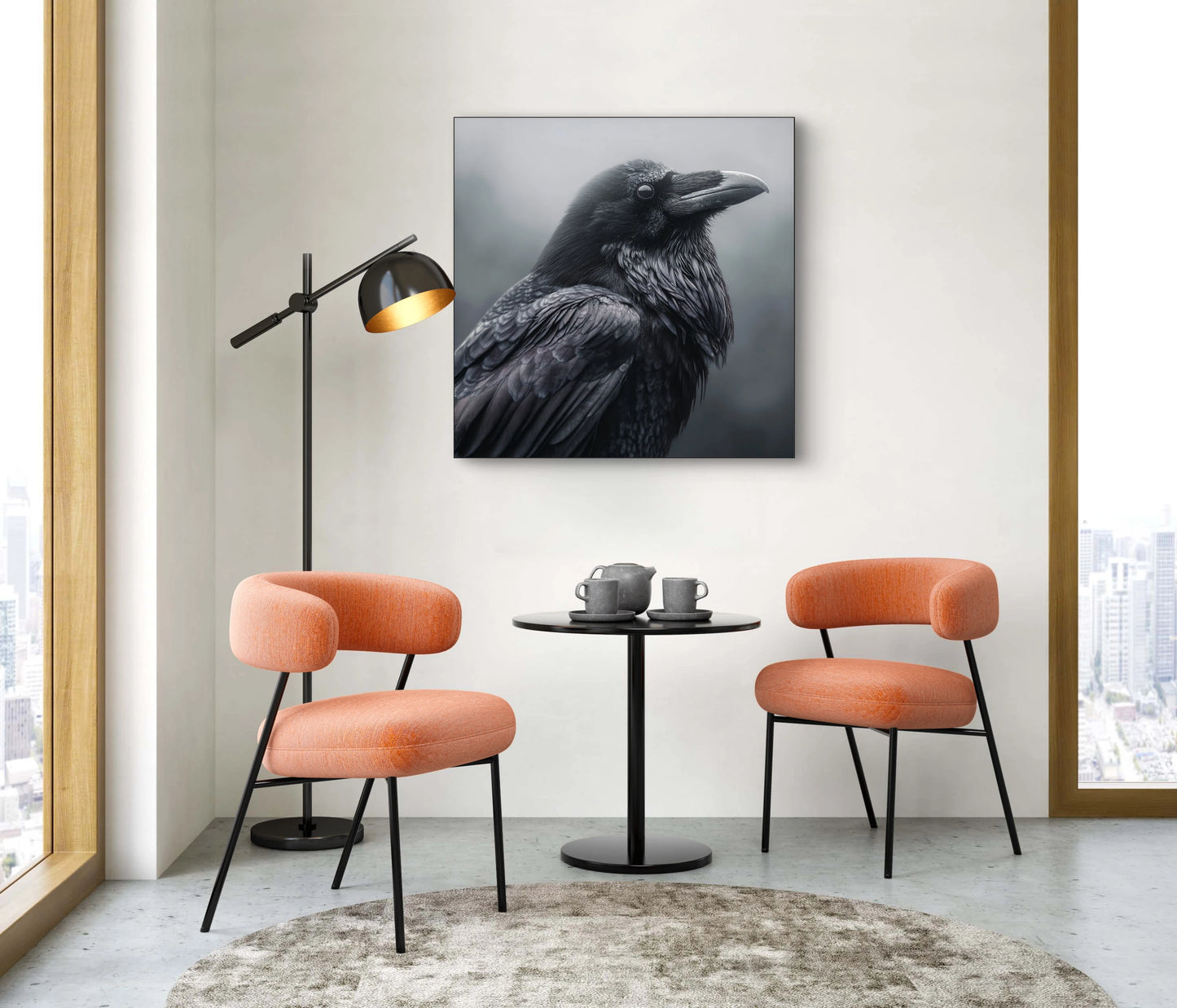 Mock-up van Schaduwvleugel aan de muur boven twee oranje stoelen en een ronde tafel  
