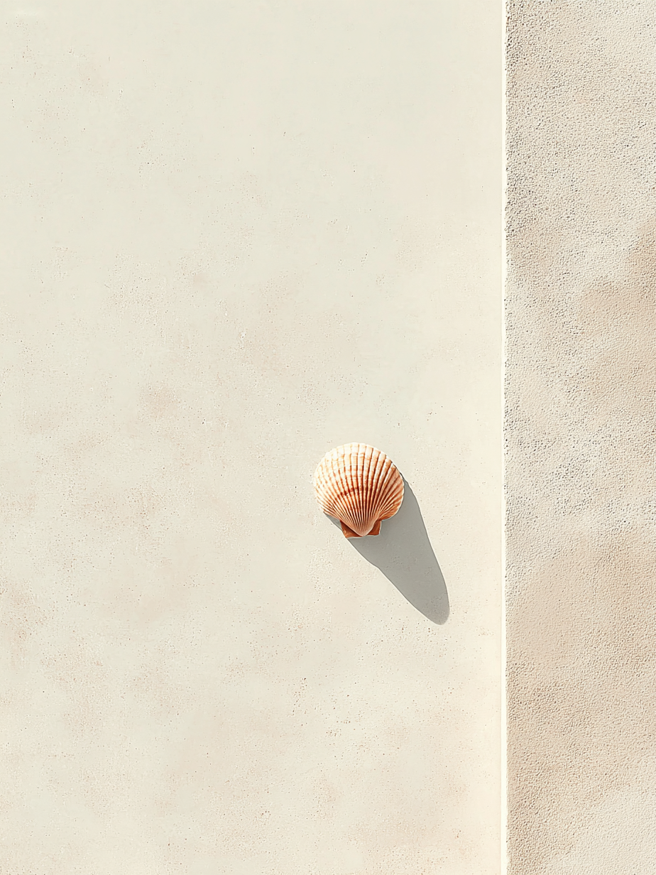 Schelp van Stilte toont een minimalistisch strandtafereel met een enkele schelp en een zachte verticale lichtlijn.
