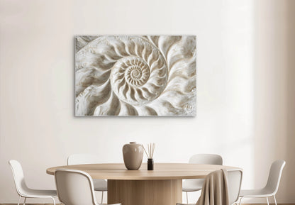 Interieur met wandkunst Schelpensymfonie, kunstwerk van een spiraalvormige schelp
