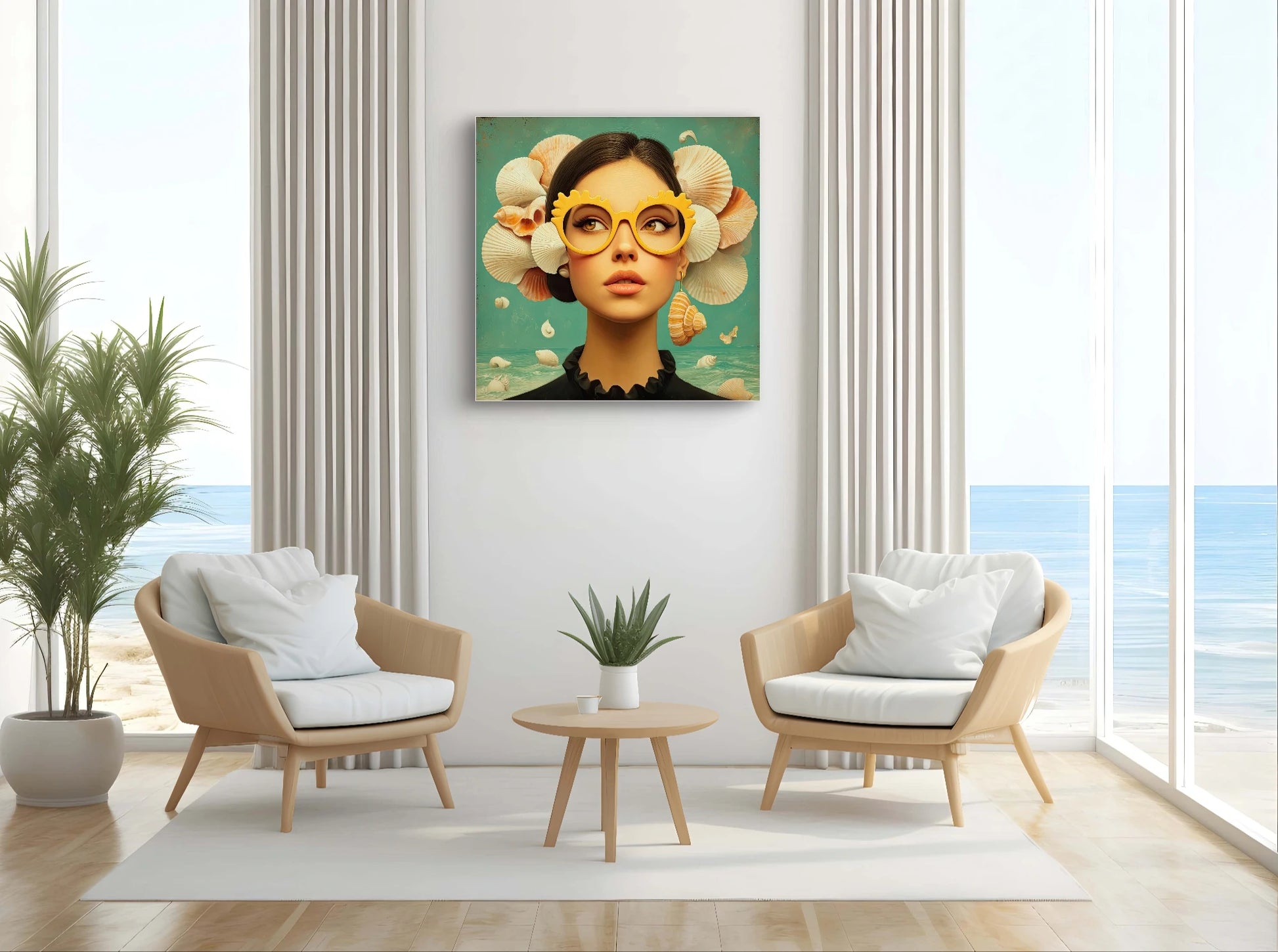 Textielkunstwerk Schelpfluistering tussen twee lichte stoelen in een zonnige kamer met uitzicht op zee
