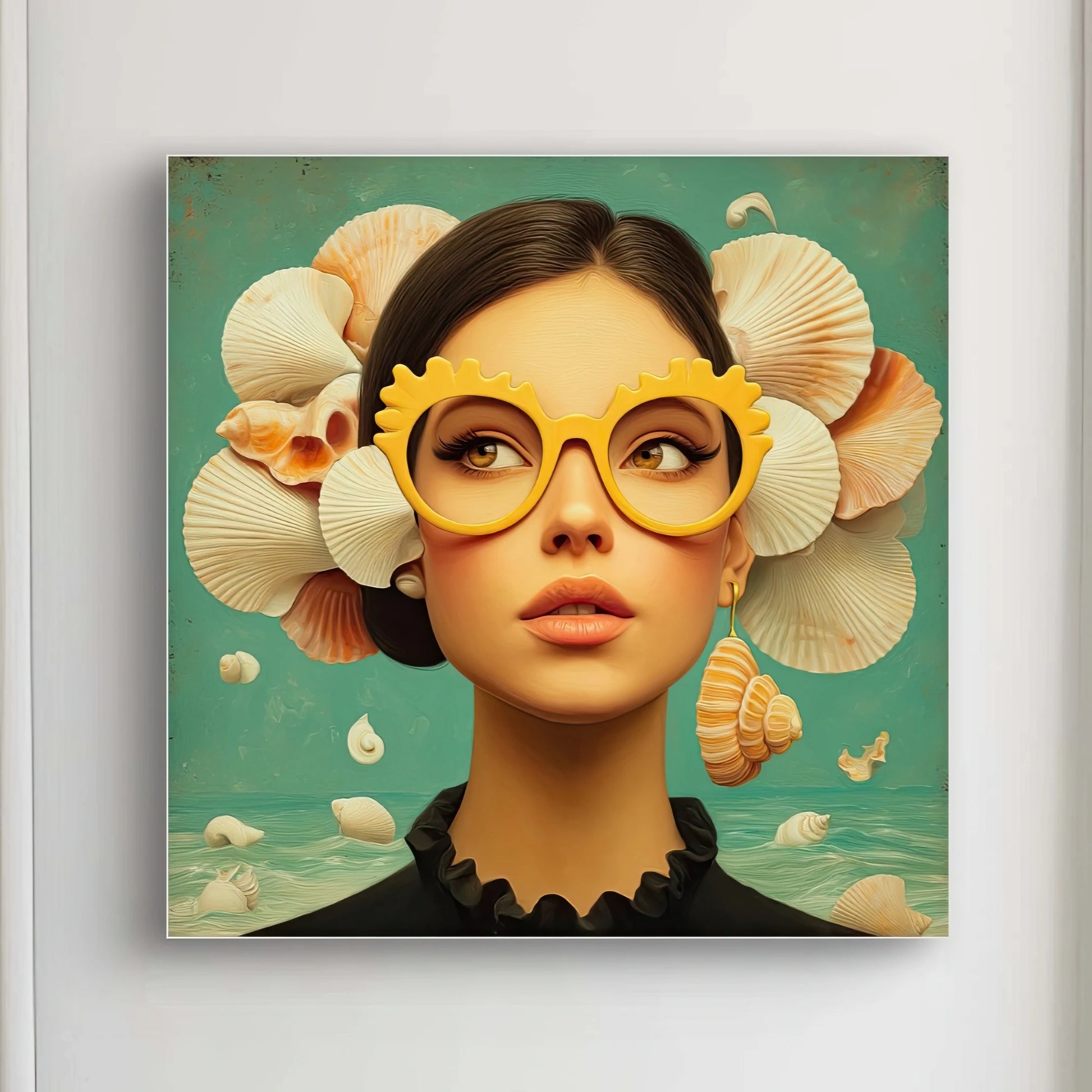 Detail van Schelpfluistering met vrouw, gele bril, en krans van schelpen op turquoise achtergrond
