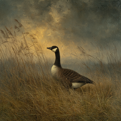 Volledige weergave van Schemergans met gans in schemerlicht en hoge grassen  

