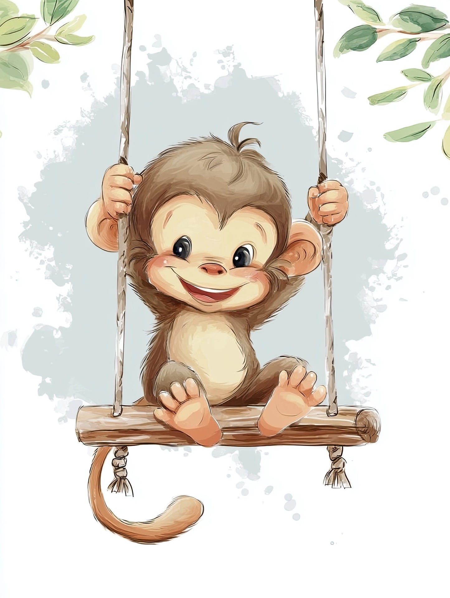 Illustratie van een vrolijke aap op een schommel met groene bladeren en een lichte achtergrond  
