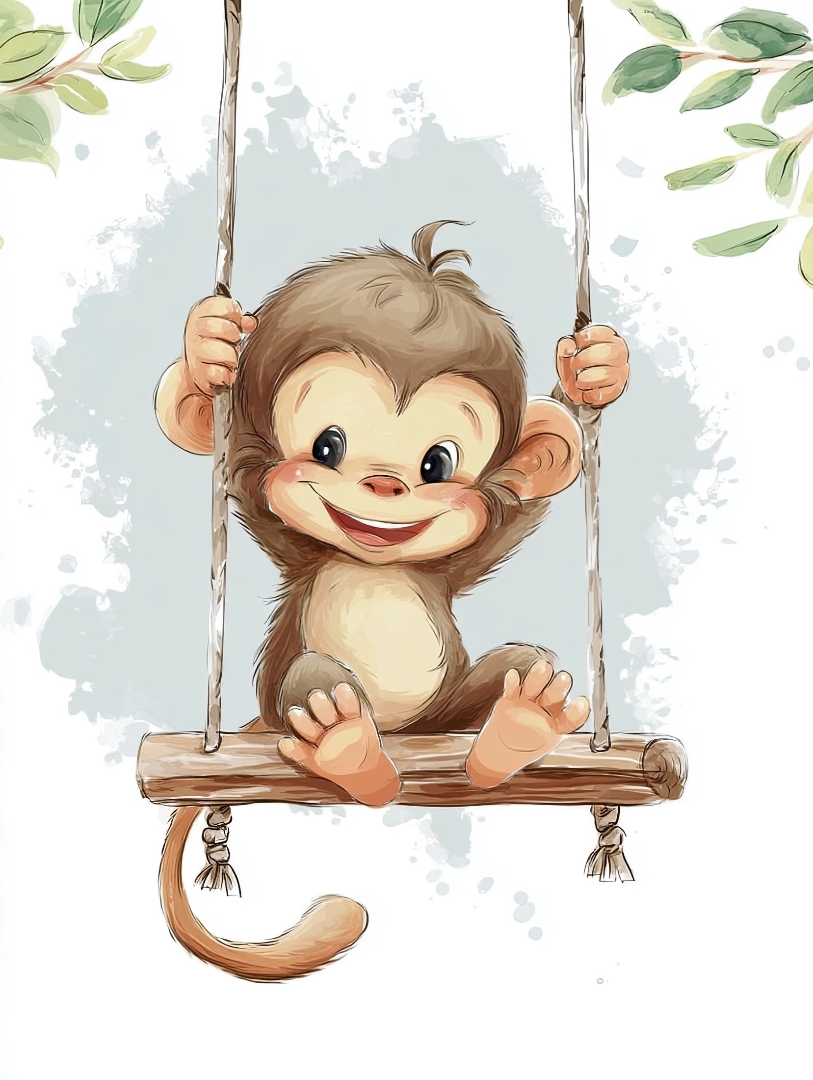 Illustratie van een vrolijke aap op een schommel met groene bladeren en een lichte achtergrond  
