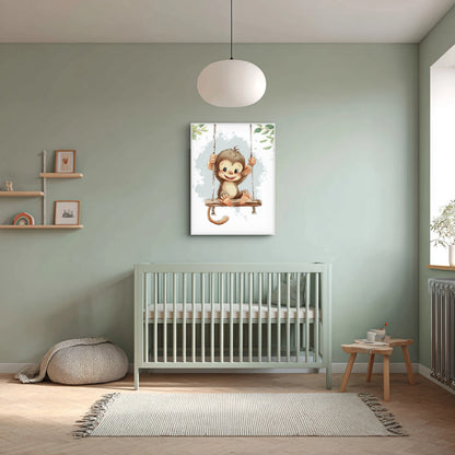 Een speelse aap met een grote glimlach zweeft op een schommel tussen de bladeren. ‘Schommelpret’ brengt energie, vreugde en jungle-avontuur in elke kinderkamer.  
