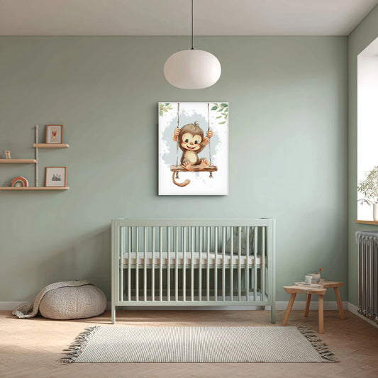 Een speelse aap met een grote glimlach zweeft op een schommel tussen de bladeren. ‘Schommelpret’ brengt energie, vreugde en jungle-avontuur in elke kinderkamer.  
