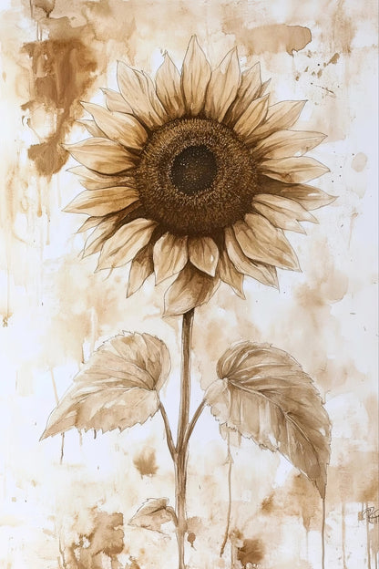 Kunstwerk met zonnebloem in bruine sepia tonen op witte achtergrond in schilderachtige stijl

