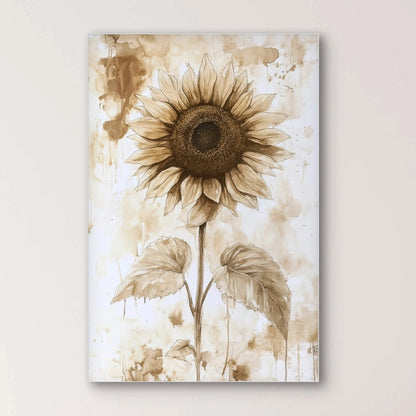 Detail van zonnebloem in zachte sepia en bruine tinten met aquarelstructuur
