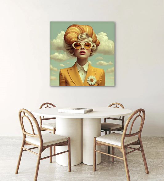 Serava wandkunst in modern interieur met warme gele tinten en zachte lichtinval
