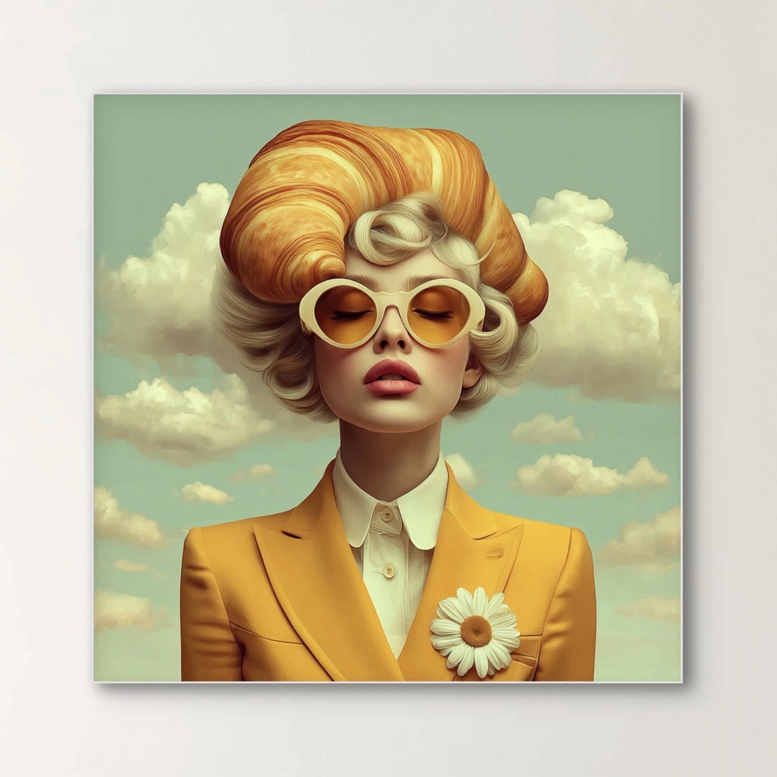 Detail van Serava wandkunst met subtiele penseelstructuren en dromerige wolken
