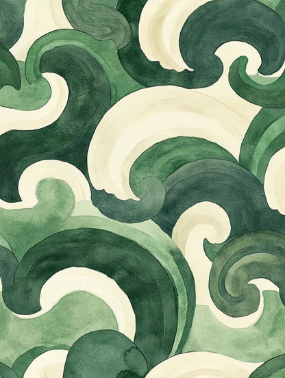 Abstract patroon van golven in smaragdgroen en crème tinten
