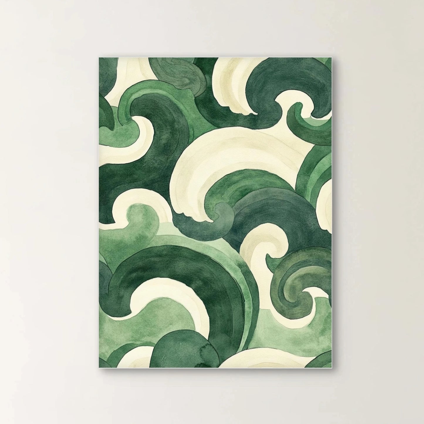 Detail van schilderij met gestileerde groene golven en zachte kleurovergangen
