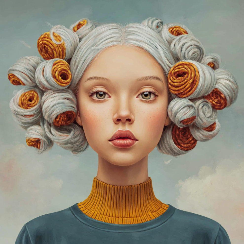 Volledige weergave van Solaryn, elegant portret met balans tussen blauw en goud
