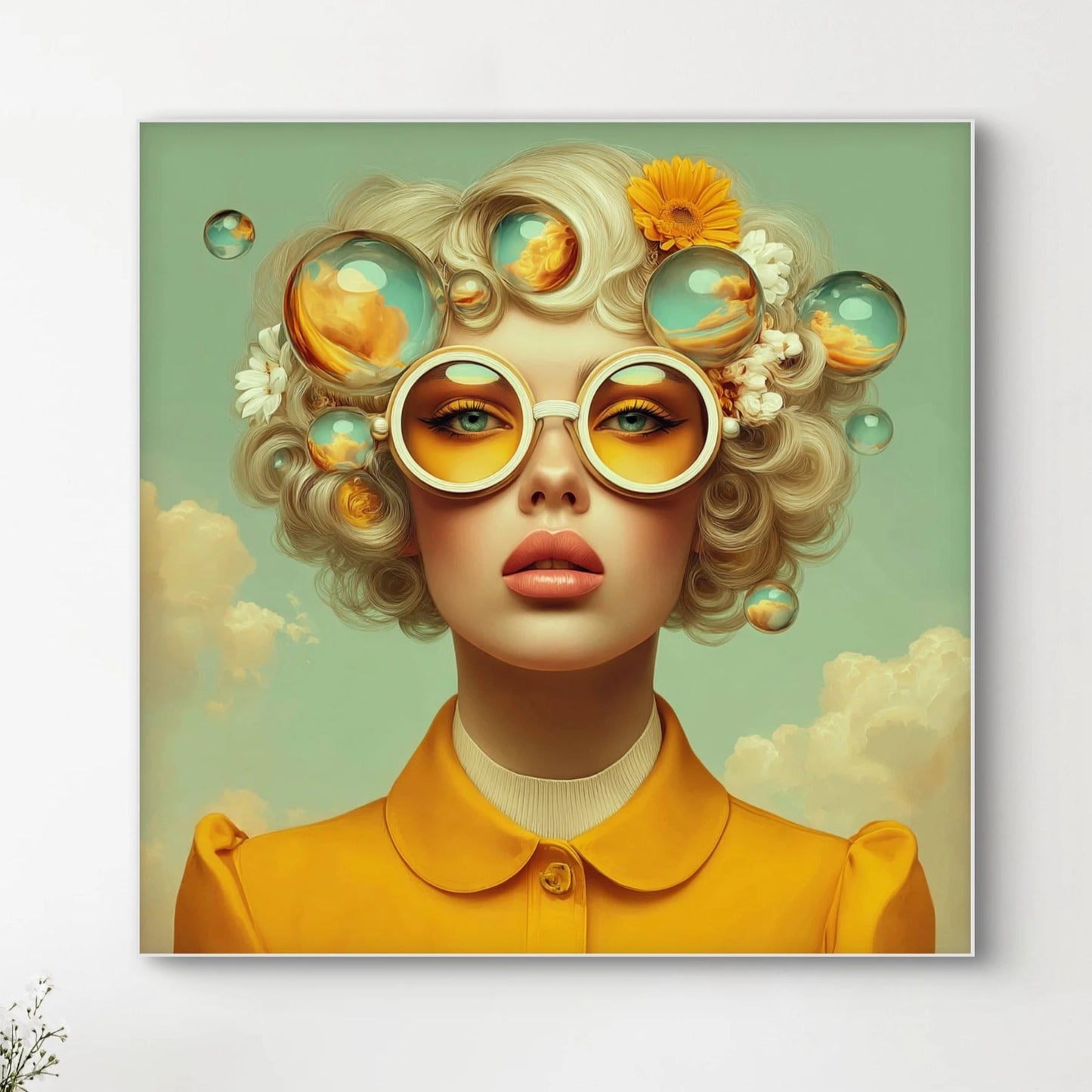 Detail van Solea wandkunst met glazen bellen en zachte lichtreflecties
