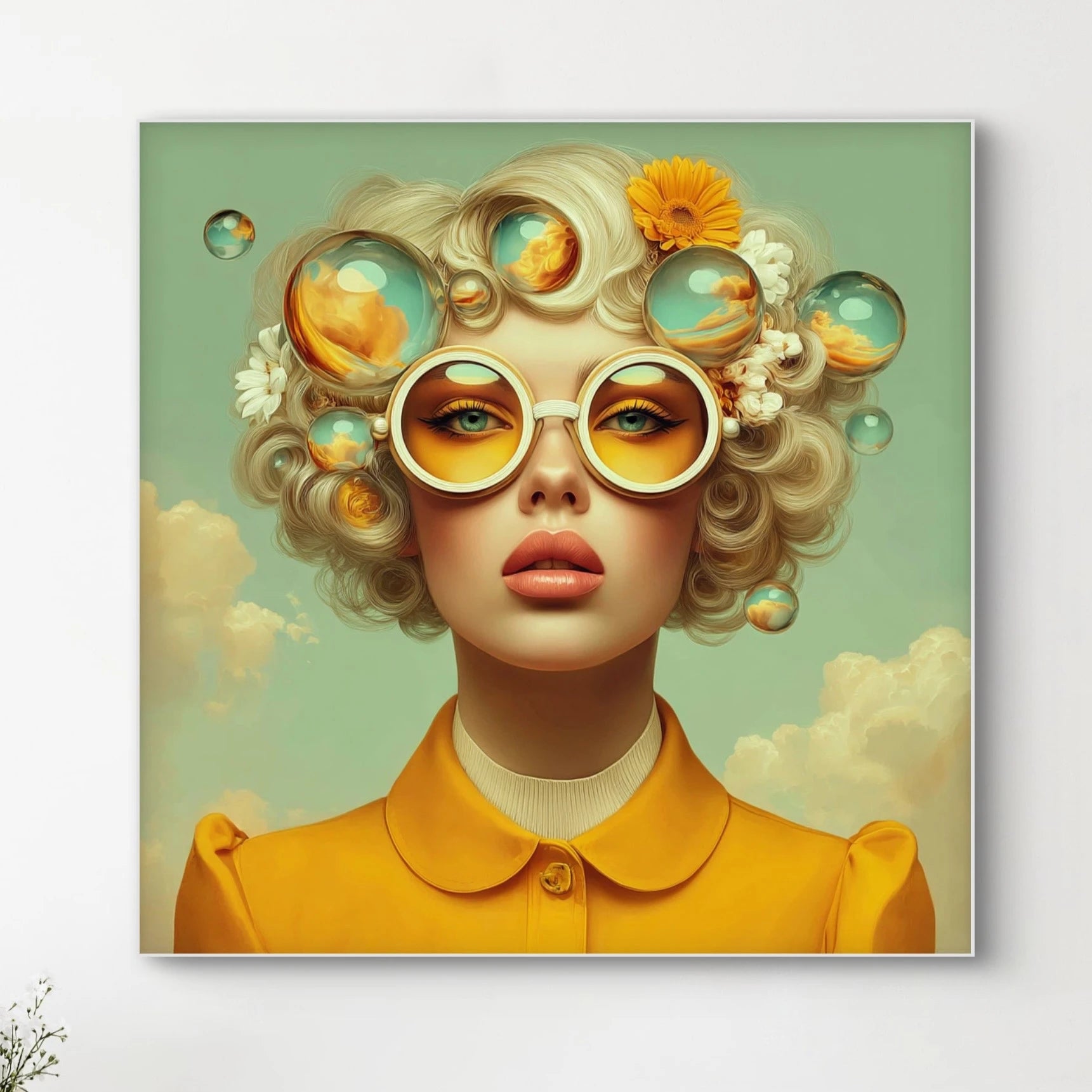 Detail van Solea wandkunst met glazen bellen en zachte lichtreflecties
