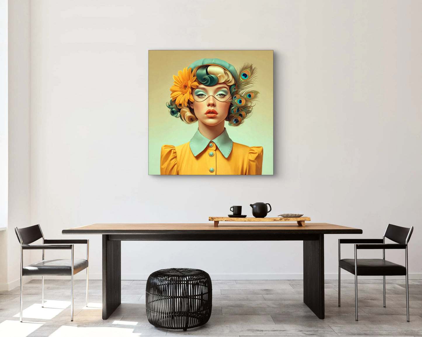 Kunstwerk Solenne met vrouw in mosterdgele tinten en turquoise accenten boven moderne eettafel

