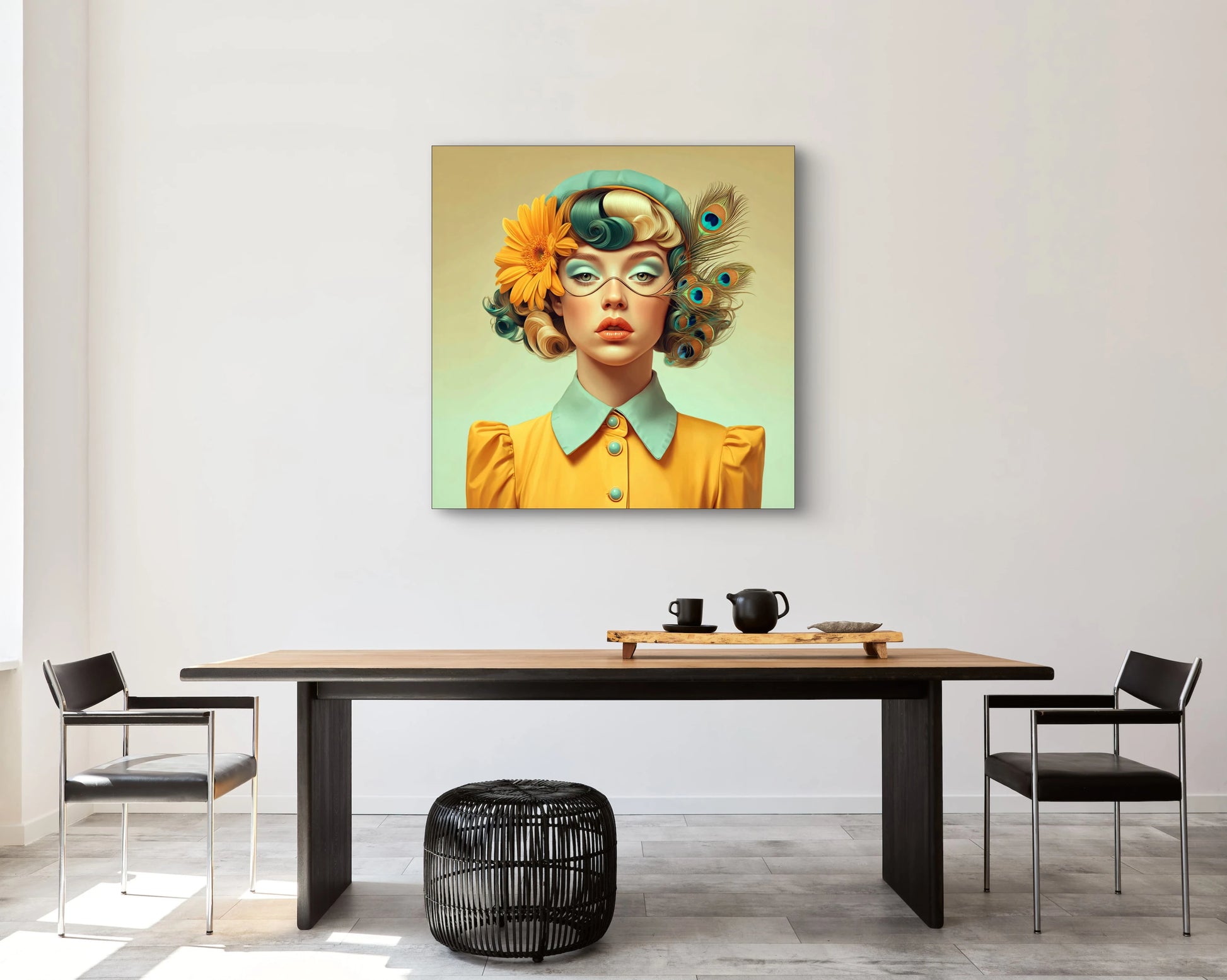 Kunstwerk Solenne met vrouw in mosterdgele tinten en turquoise accenten boven moderne eettafel
