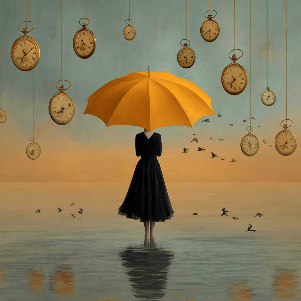 Surrealistisch schilderij van vrouw met gele paraplu tussen zwevende klokken boven kalm water
