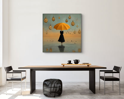 Surrealistisch kunstwerk van vrouw met gele paraplu aan de muur in modern interieur met houten tafel

