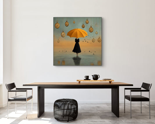 Surrealistisch kunstwerk van vrouw met gele paraplu aan de muur in modern interieur met houten tafel
