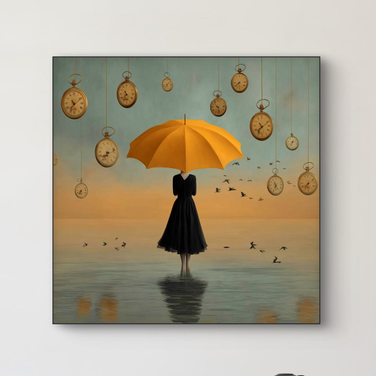 Detail van vrouw met gele paraplu en zwevende klokken boven water in dromerig licht
