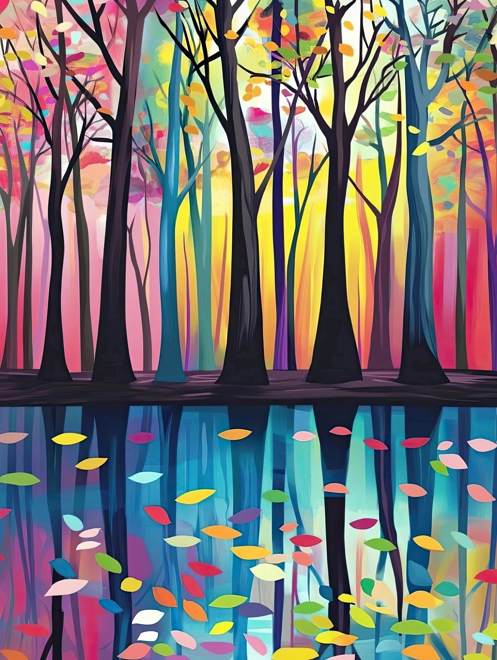 Abstract kunstwerk van bomen met kleurrijke bladeren en hun reflectie in het water
