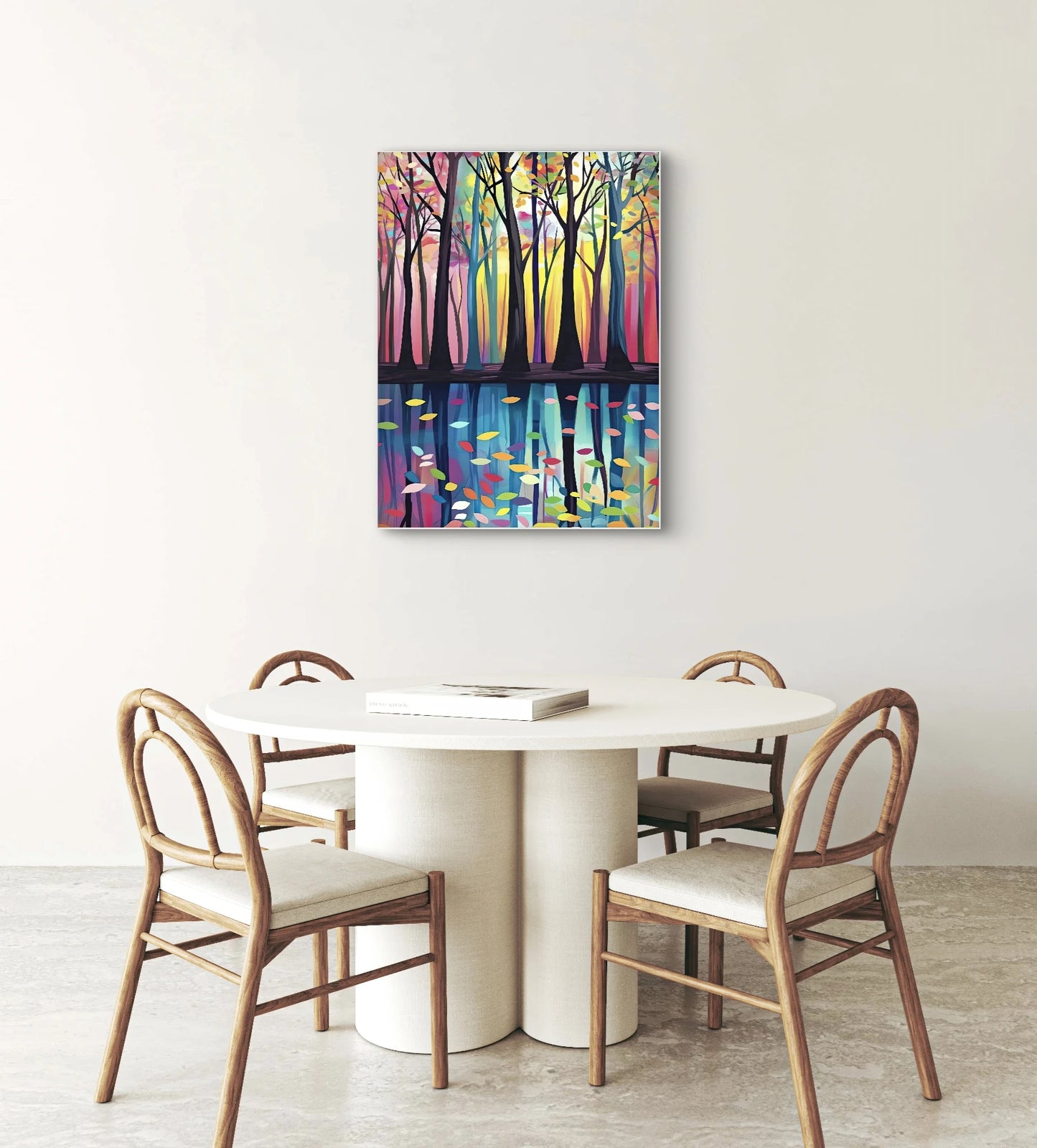 Modern kleurrijk schilderij van een reflecterend bos boven een ronde tafel in natuurlijke setting
