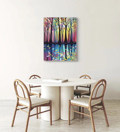 Modern kleurrijk schilderij van een reflecterend bos boven een ronde tafel in natuurlijke setting
