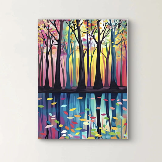 Detail van herfstbomen en waterreflectie in felle kleuren zoals geel, roze en blauw
