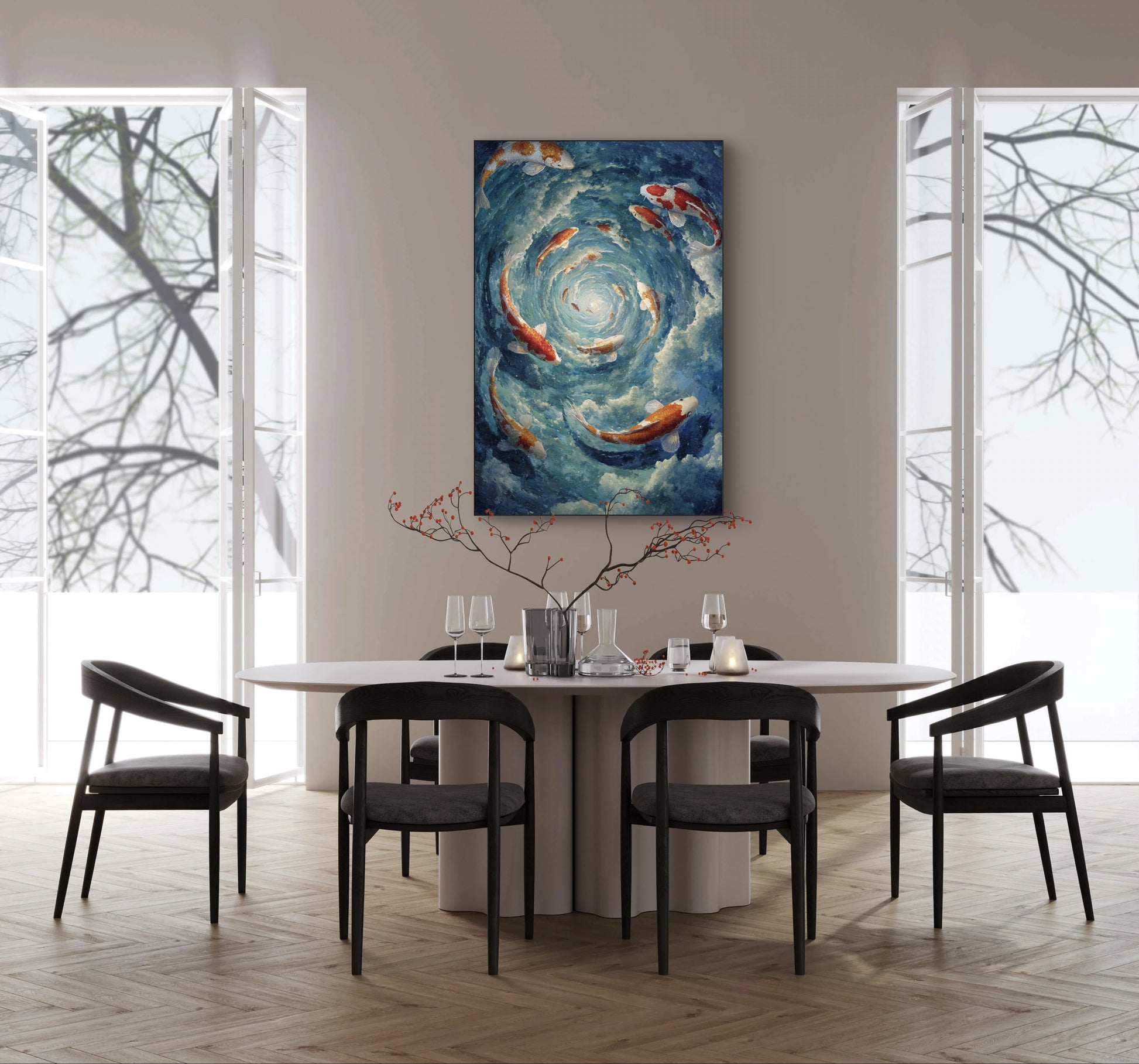 Mock-up van Spiraal van Rust aan de muur boven een ronde eettafel  
