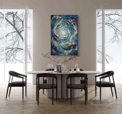 Mock-up van Spiraal van Rust aan de muur boven een ronde eettafel  
