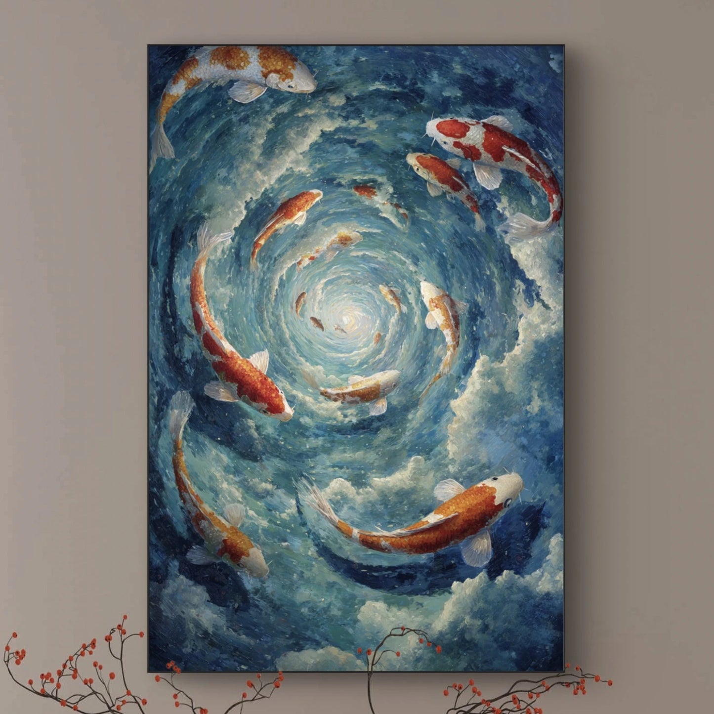 Detailopname van Spiraal van Rust met koi’s in cirkelvormige waterbeweging  
