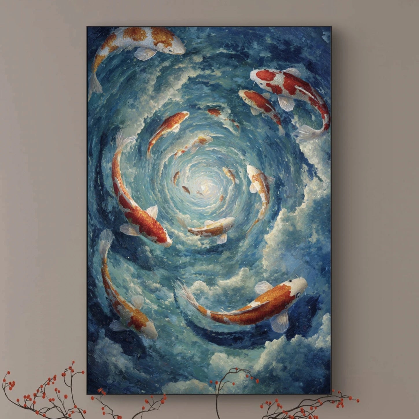 Detailopname van Spiraal van Rust met koi’s in cirkelvormige waterbeweging  
