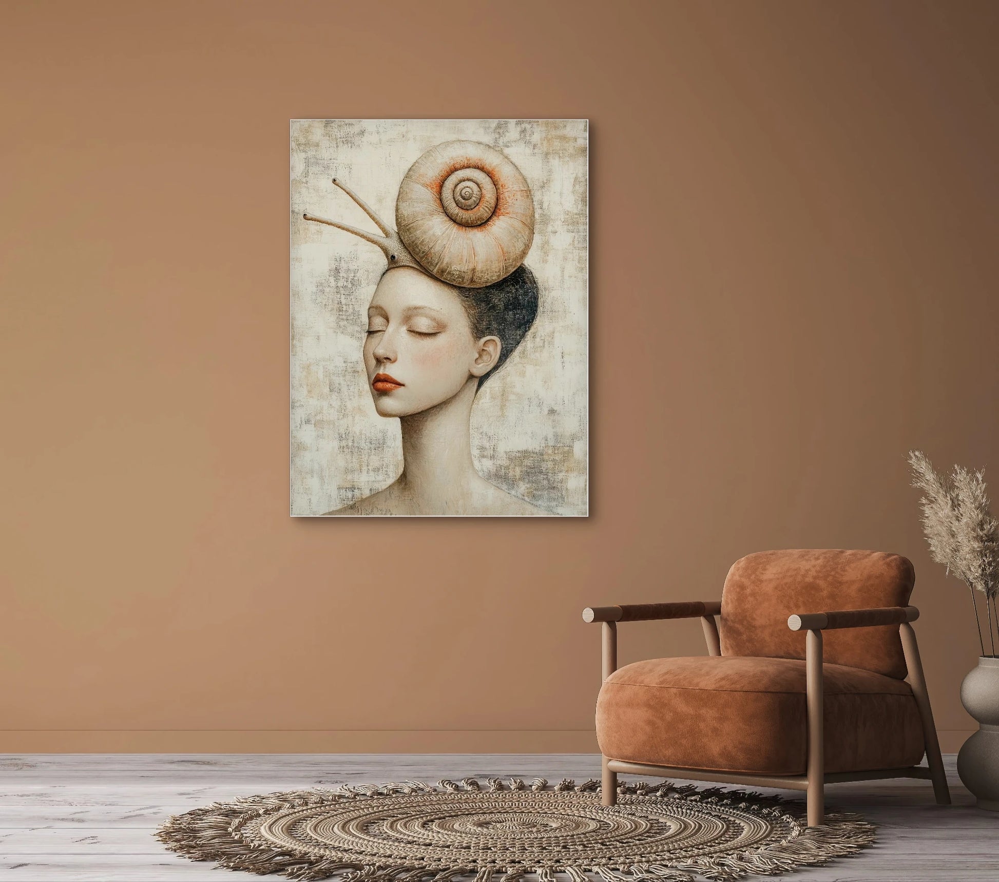 Textielkunstwerk Spiraalkroon boven een terracottakleurige stoel in een warme kamer met beige muren
