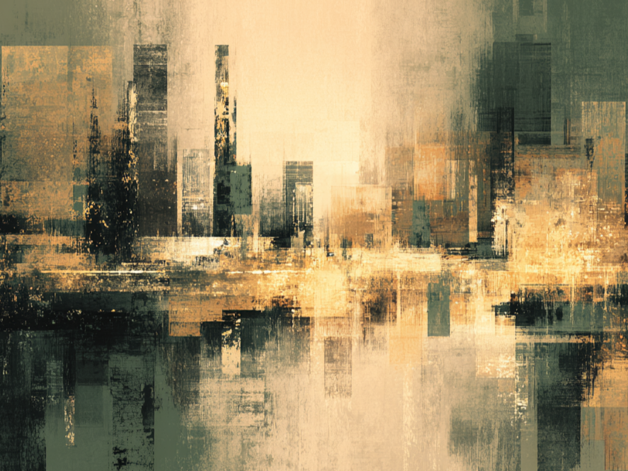 Volledig kunstwerk Stad in Gloed met abstracte stadsreflectie in warme goudgroene tinten 
