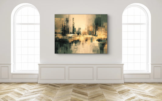 Mock-up van kunstwerk Stad in Gloed aan de muur tussen hoge ramen in een klassiek-modern interieur 
